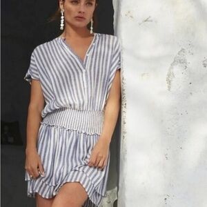 RAILS Linen Blend Medium Angelina Boracay Dress Mini Striped Smocked Blue White